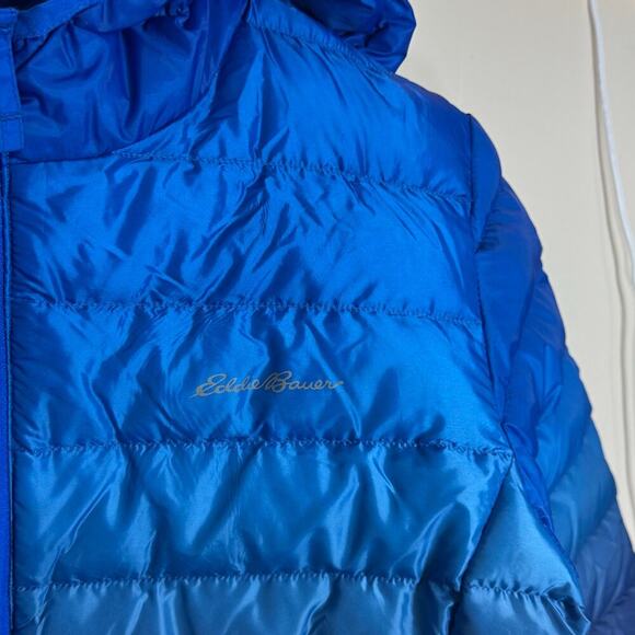 Kids Eddie Bauer Blue Ombré Lightweight Goose down Puffer Jacket Coat Hood L 14 - Picture 2 of 8
